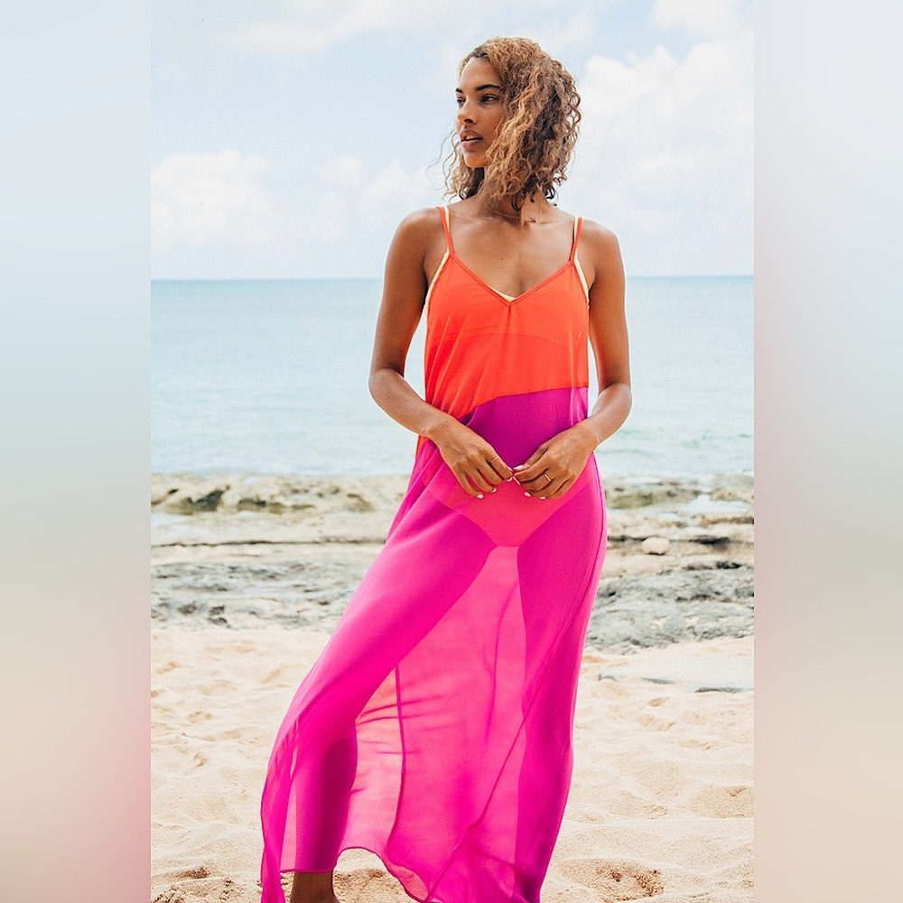 🌺Lulu’s Seaside Retreat Coral Red & Magenta Sheer Beach Maxi CoverUp Dress,M,XL